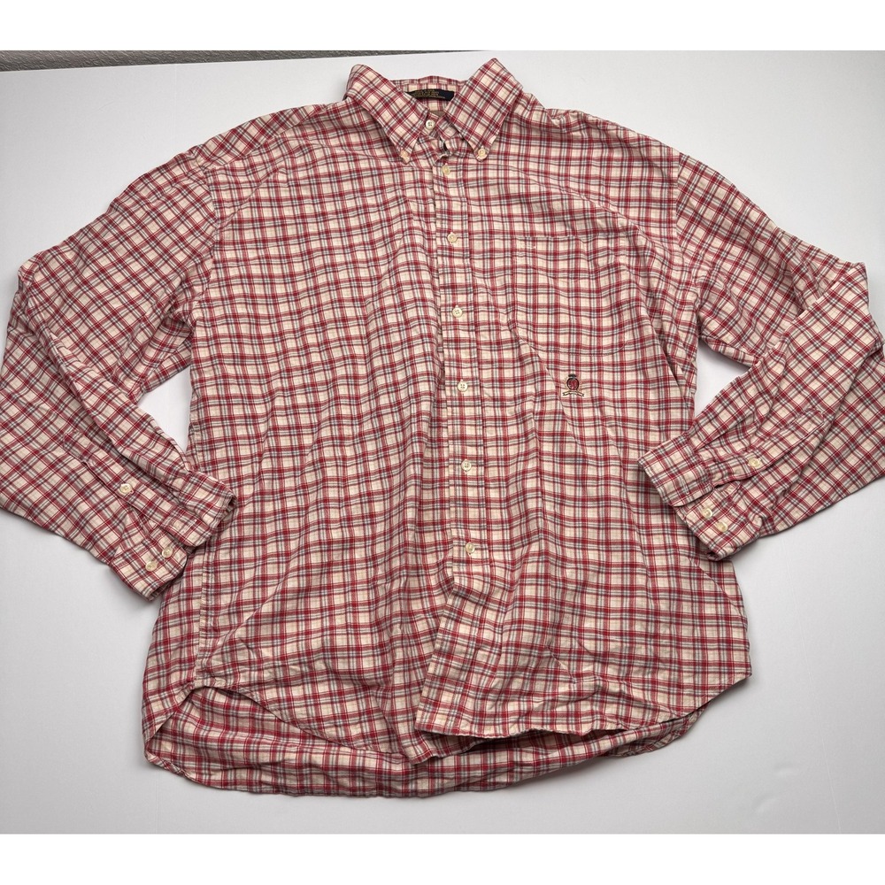 Tommy Hilfiger Shirt Mens XL Red Plaid Button Down Long Sleeve Pocket Crest